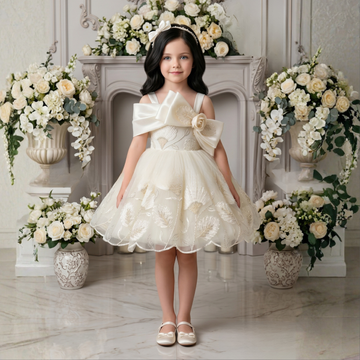 Girls Cream Embroidered Bow Detailed Party Wear Frock