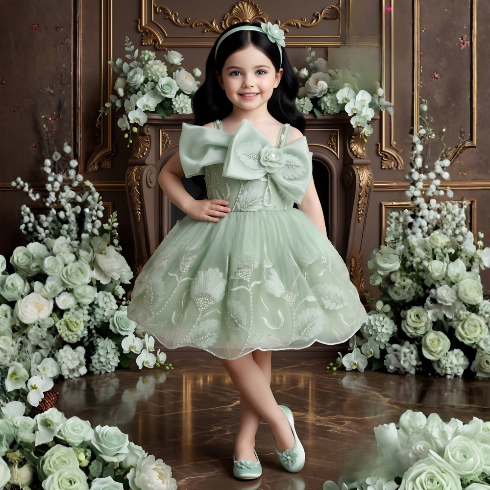 Girls Pista Embroidered Bow Detailed Party Wear Frock