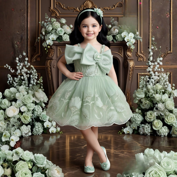 Girls Pista Embroidered Bow Detailed Party Wear Frock