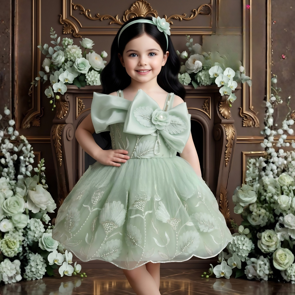 Girls Pista Embroidered Bow Detailed Party Wear Frock