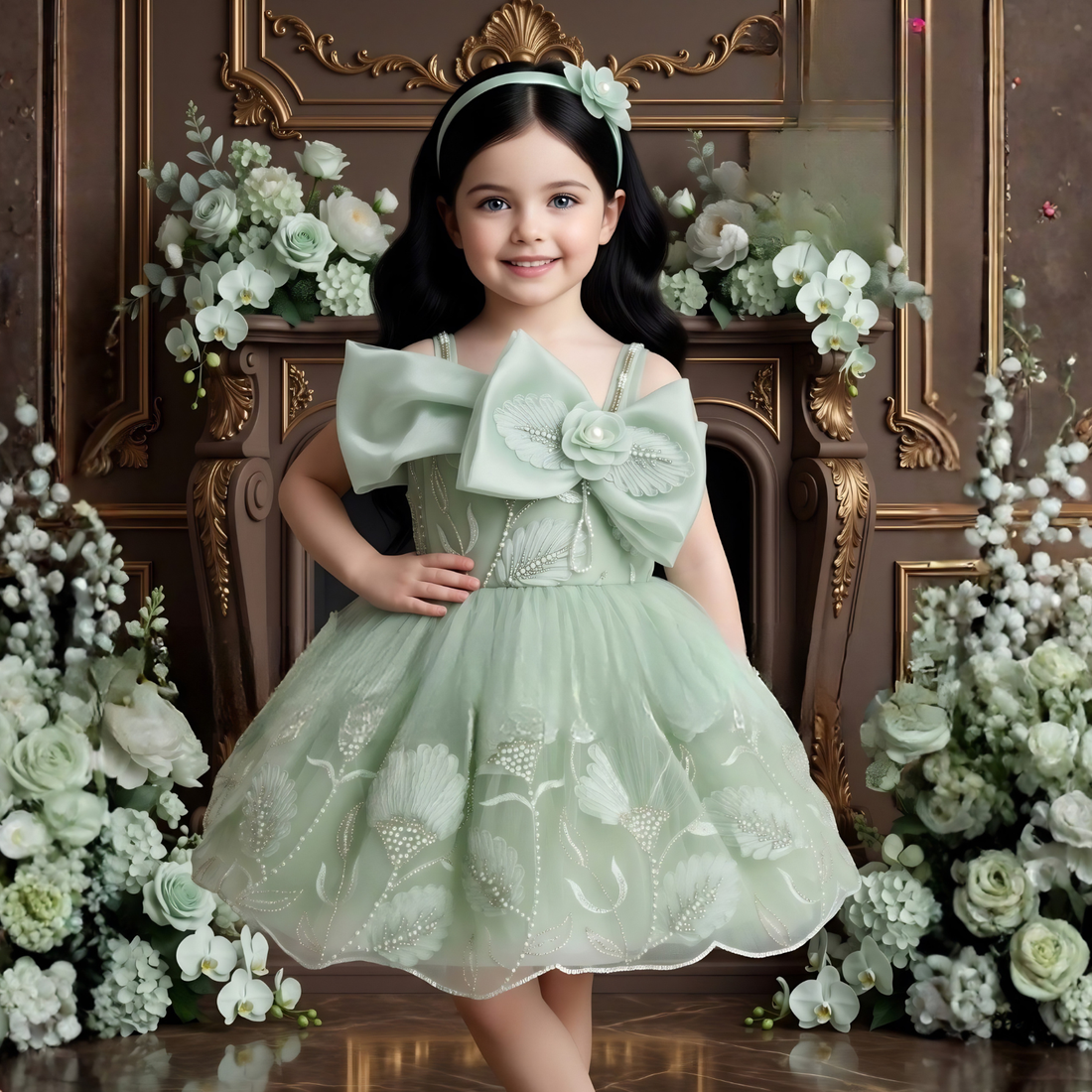 Girls Pista Embroidered Bow Detailed Party Wear Frock