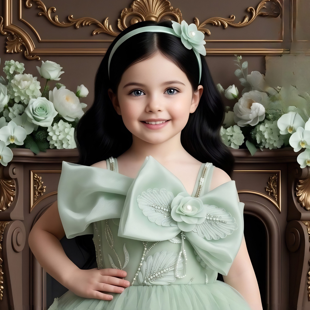 Girls Pista Embroidered Bow Detailed Party Wear Frock