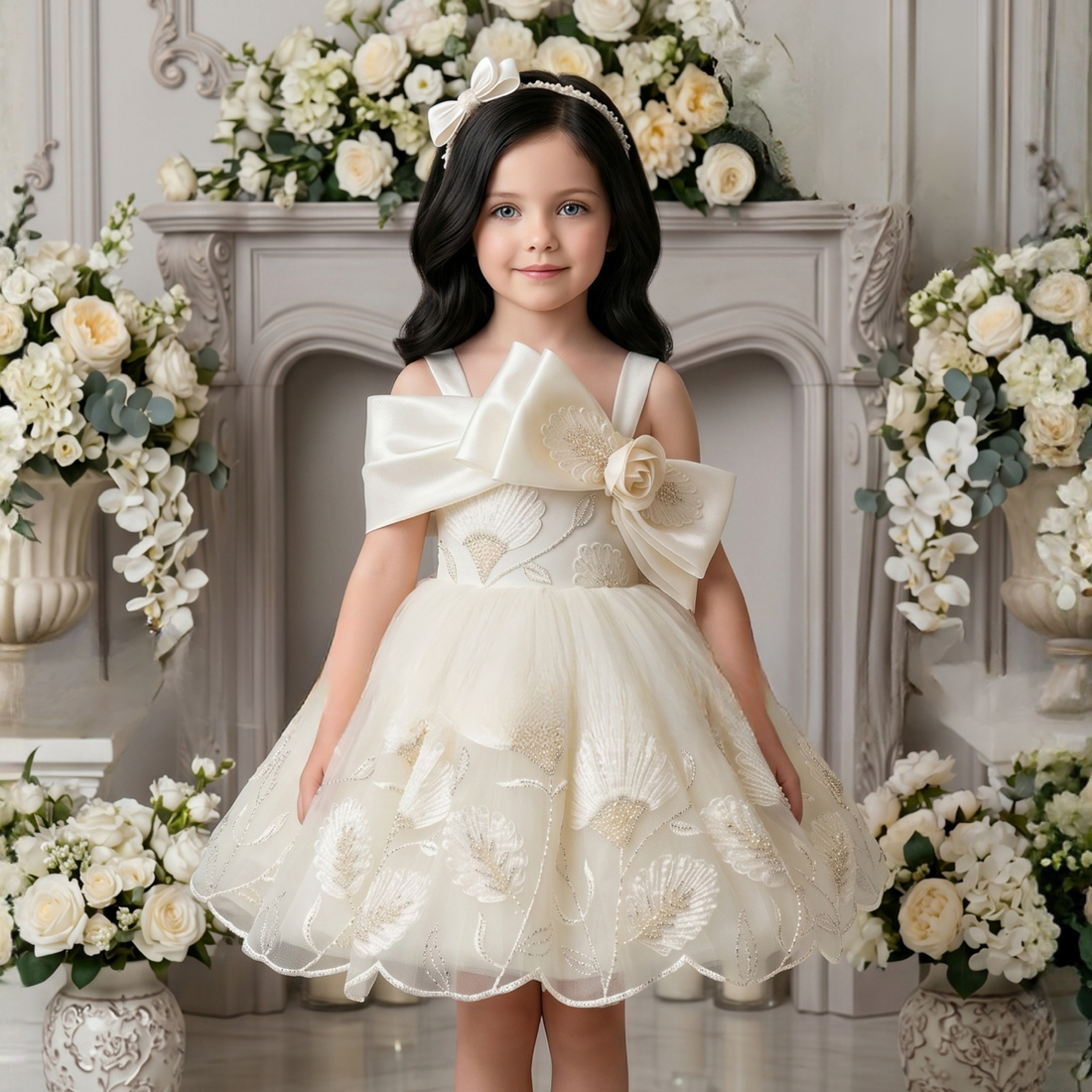 Girls Cream Embroidered Bow Detailed Party Wear Frock