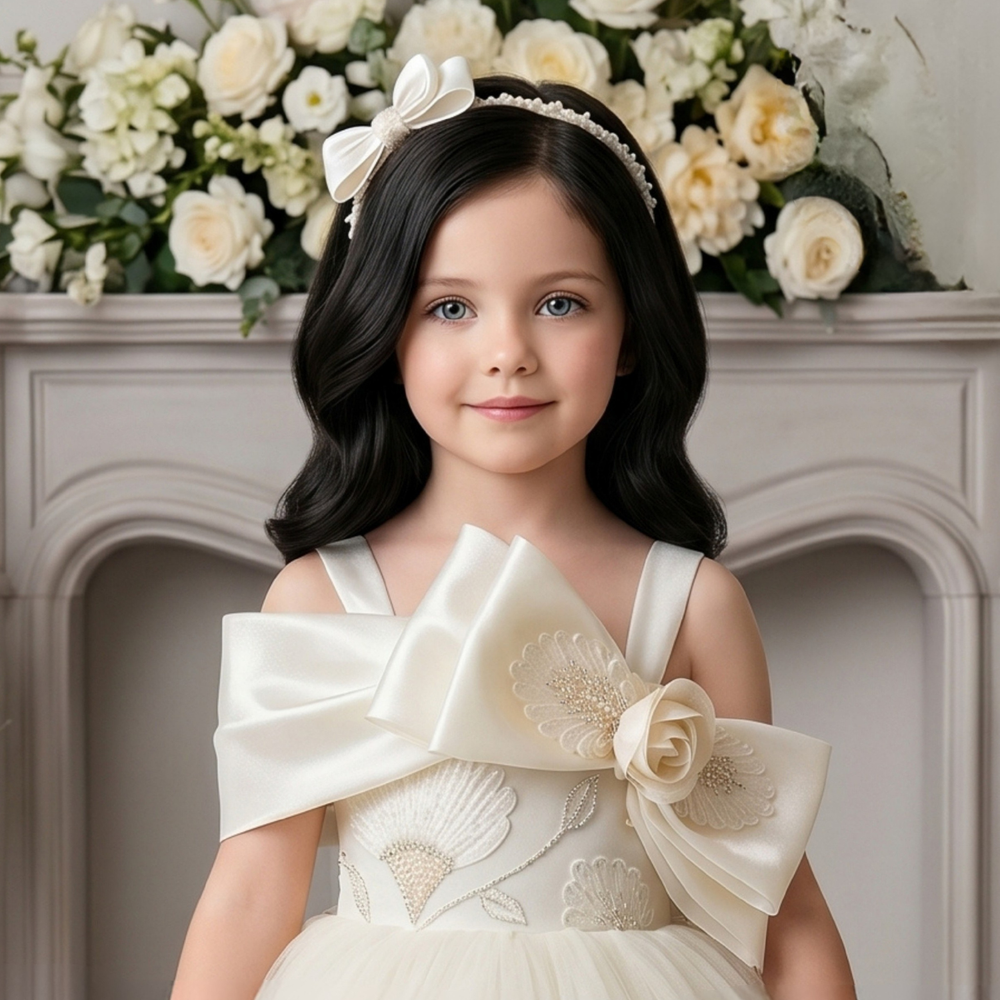 Girls Cream Embroidered Bow Detailed Party Wear Frock