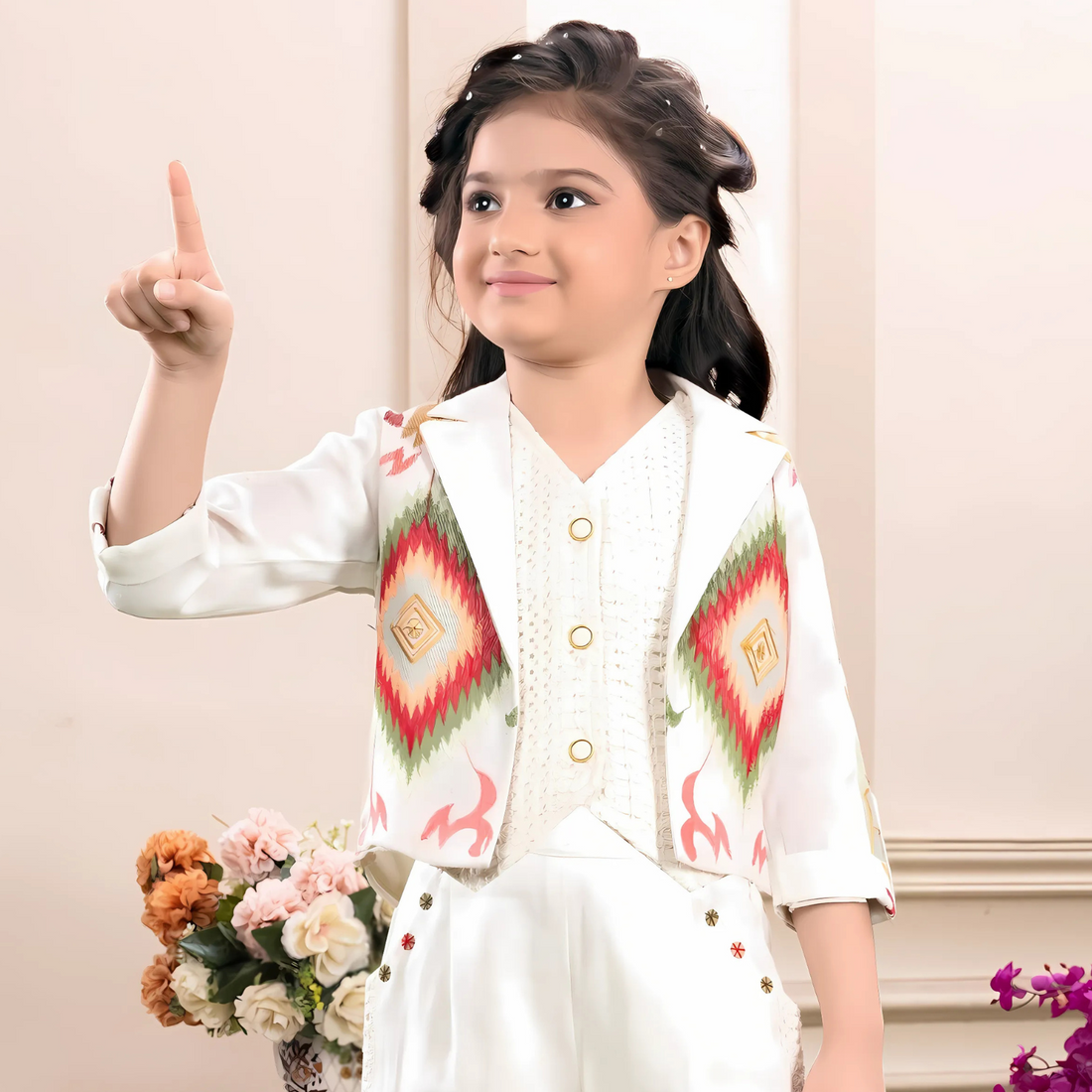 Stylish Cream Co-Ord Set with Embroidered Overcoat