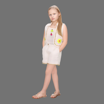 Cream Floral Embroidered Top And Shorts Set For Girls