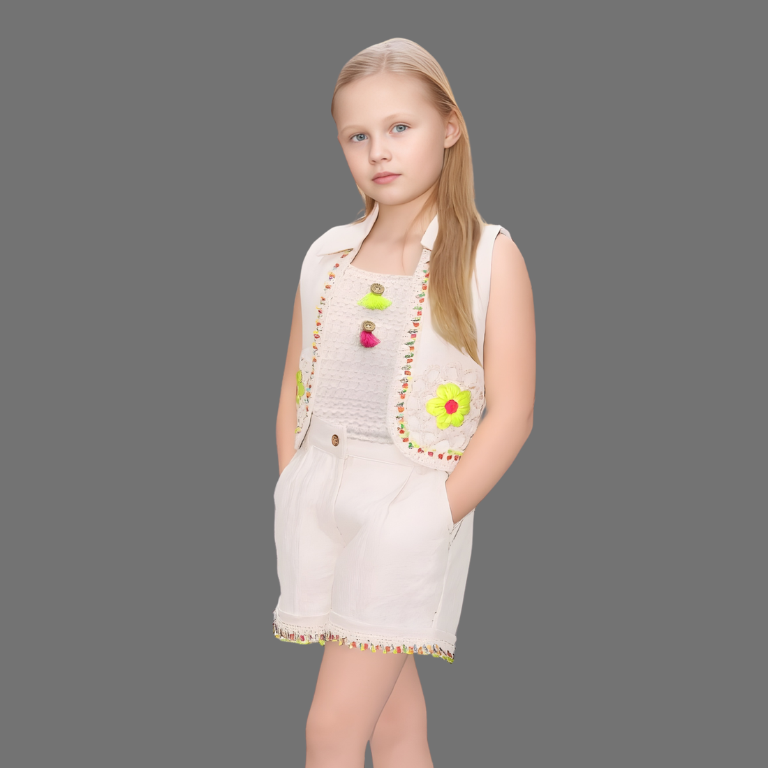 Cream Floral Embroidered Top And Shorts Set For Girls