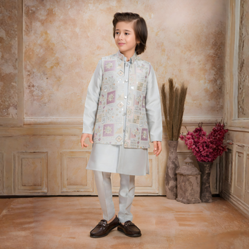 Gray Jacket Style Waistcoat Set With Resham Work