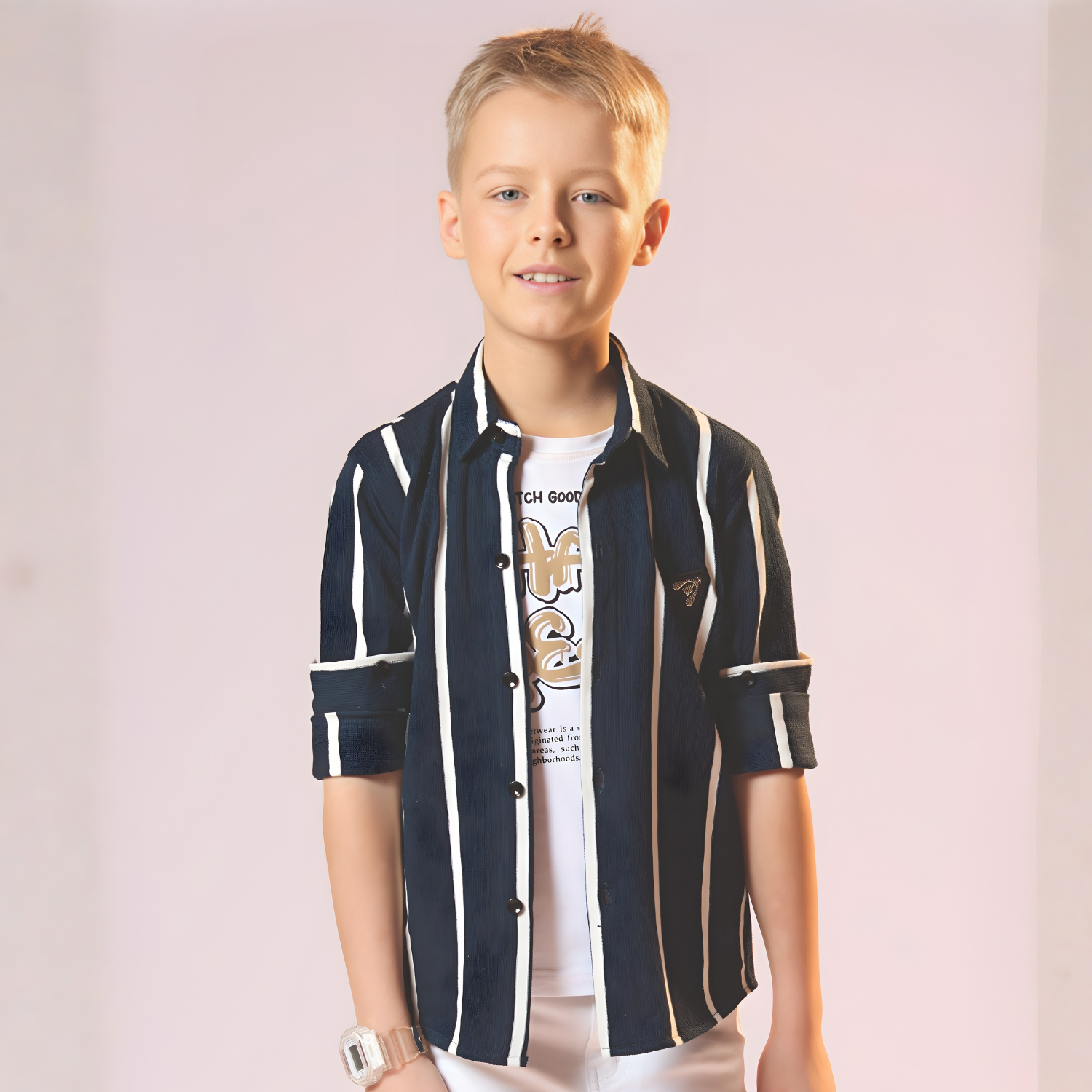 Boys Blue Slim Fit Stripe Full Sleeves  Shirt