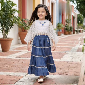 Girls blue tiered dress with white lace cape