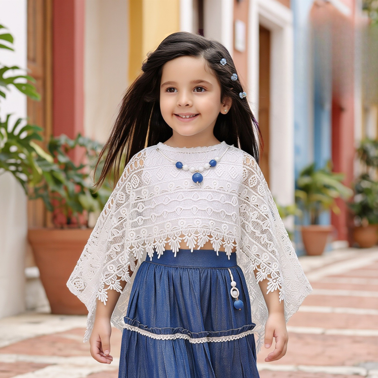 Girls blue tiered dress with white lace cape