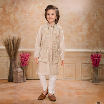 Boys Kurta Suit With Open Jacket having Self Emroidery