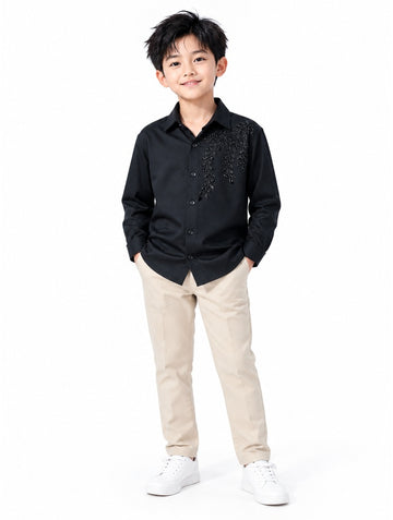Boys Black Beaded Leaf Embroidered Shirt (Pants and Shoes Not Included)