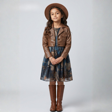 Girls Short Frock Leather Stand Collar Jacket