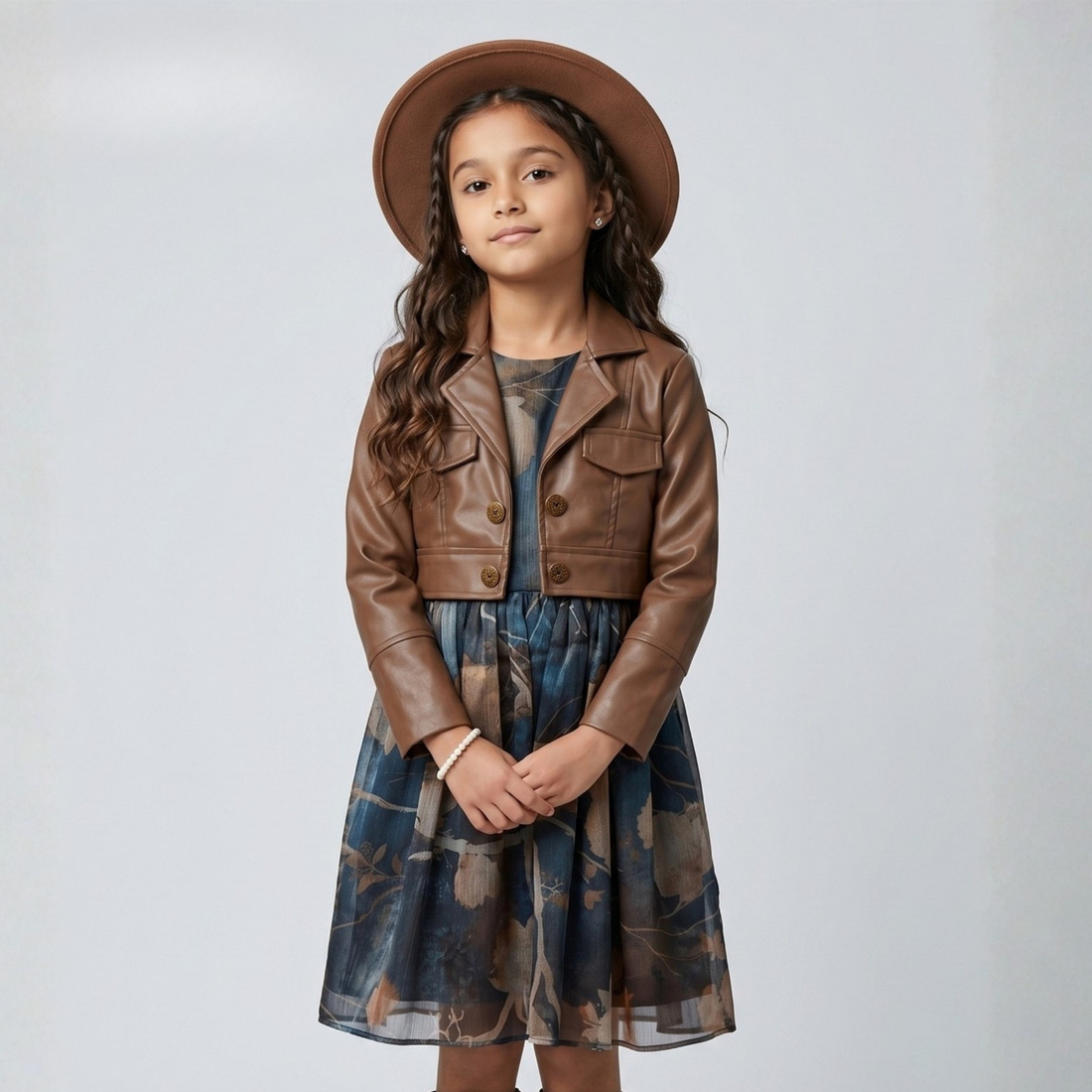 Girls Short Frock Leather Stand Collar Jacket
