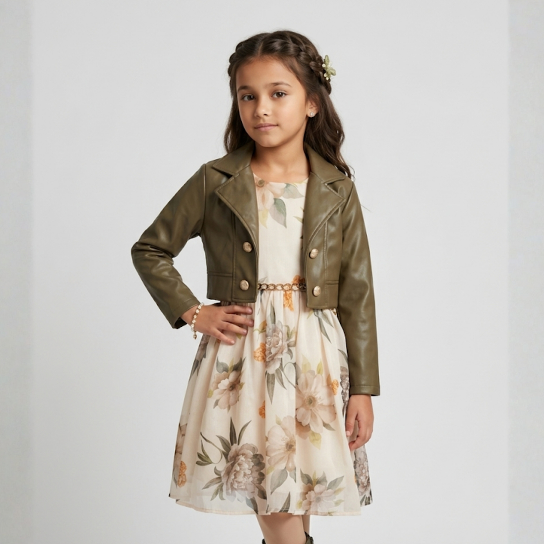 Girls Short Frock Leather Stand Collar Jacket