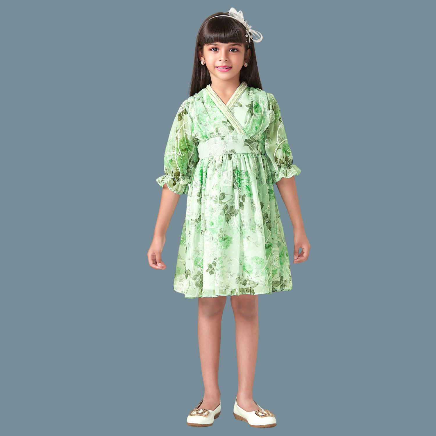 Girls Knee Length Green Frocks