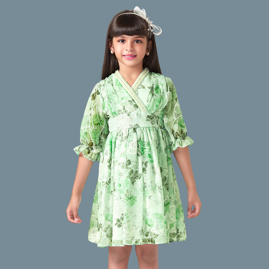 Girls Knee Length Green Frocks
