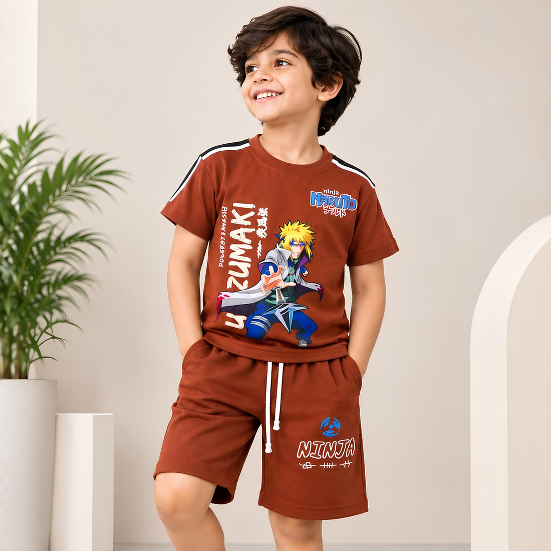 Boys Printed Round Neck Half Sleeve Cords Set
