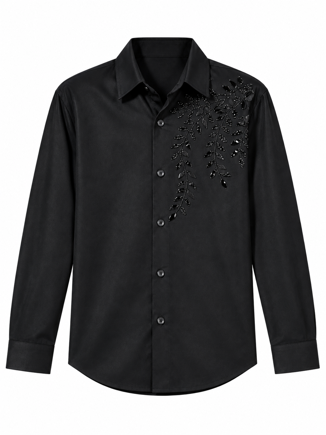 Boys Black Beaded Leaf Embroidered Shirt