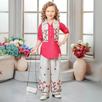 Girls Pink Cotton Printed Kurtis Palazzo Set With Hand Bag