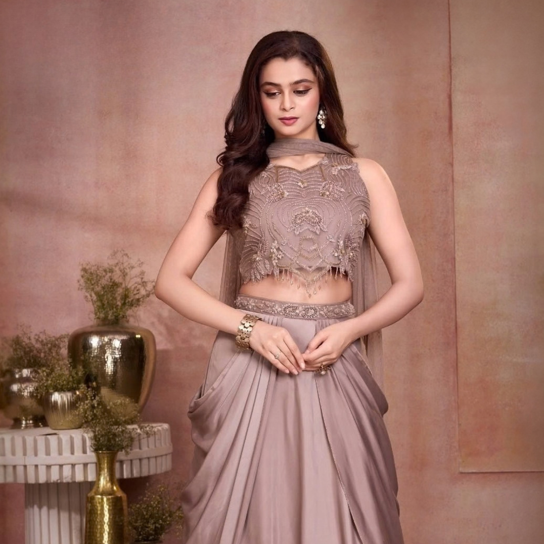Fawn Embellished Crop Top Skirt Set With Organza Cape