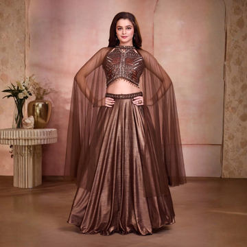 Brown Sequins Cut Dana And Beads Lehenga Choli With Net Dupatta