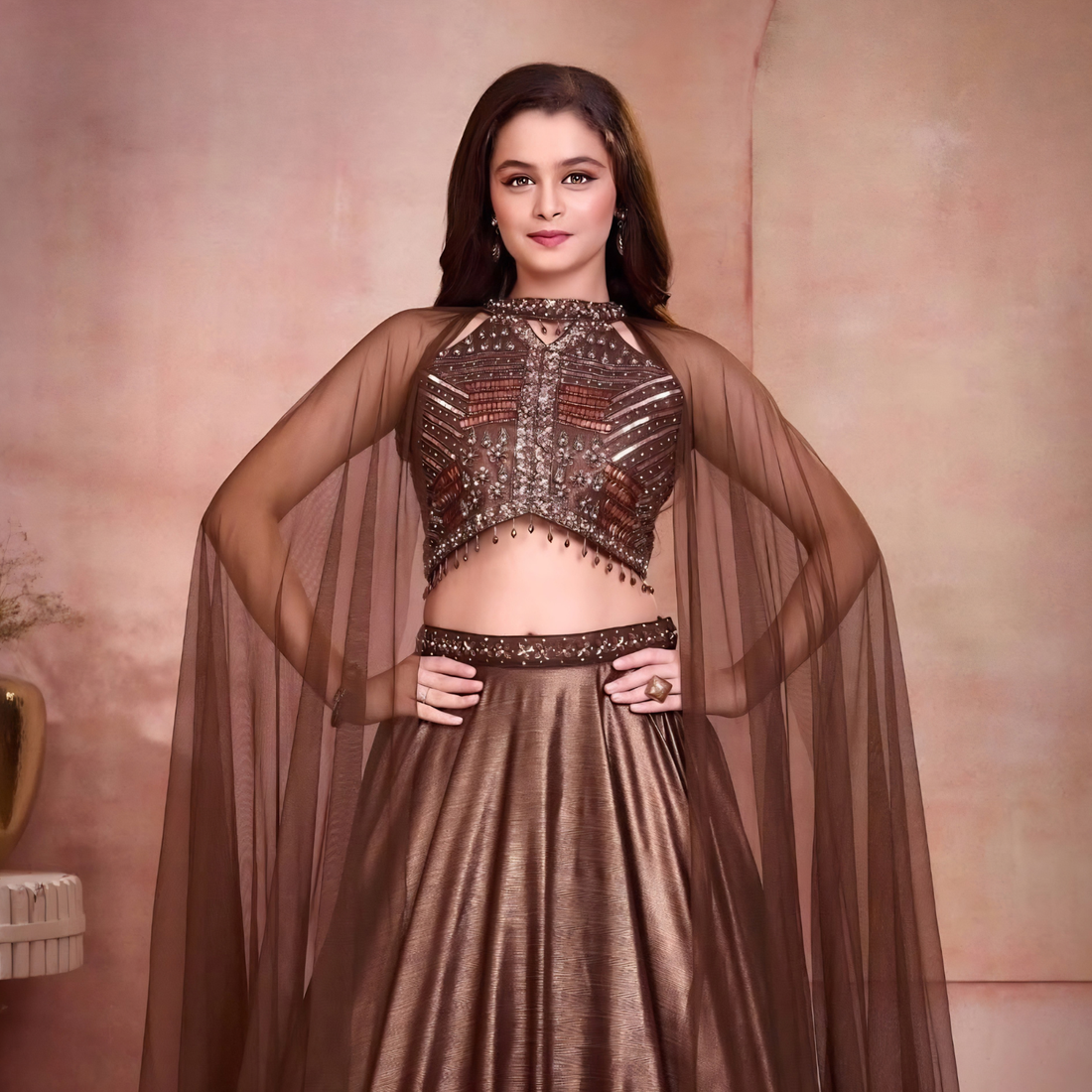 Brown Sequins Cut Dana And Beads Lehenga Choli With Net Dupatta