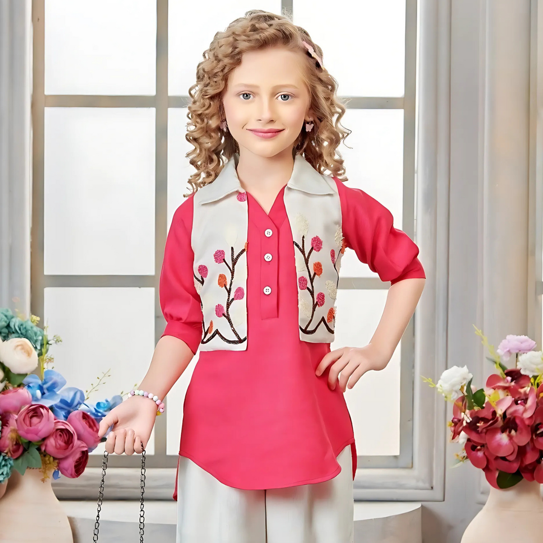 Girls Pink Cotton Printed Kurtis Palazzo Set With Hand Bag