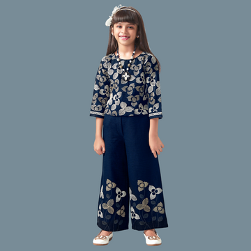 Teal Blue Sequin Embroidery Top And Palazzo Set