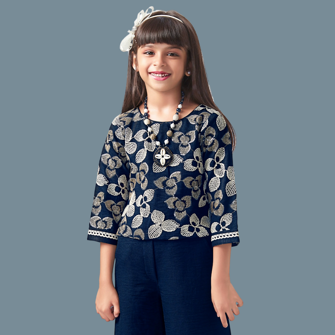 Teal Blue Sequin Embroidery Top And Palazzo Set