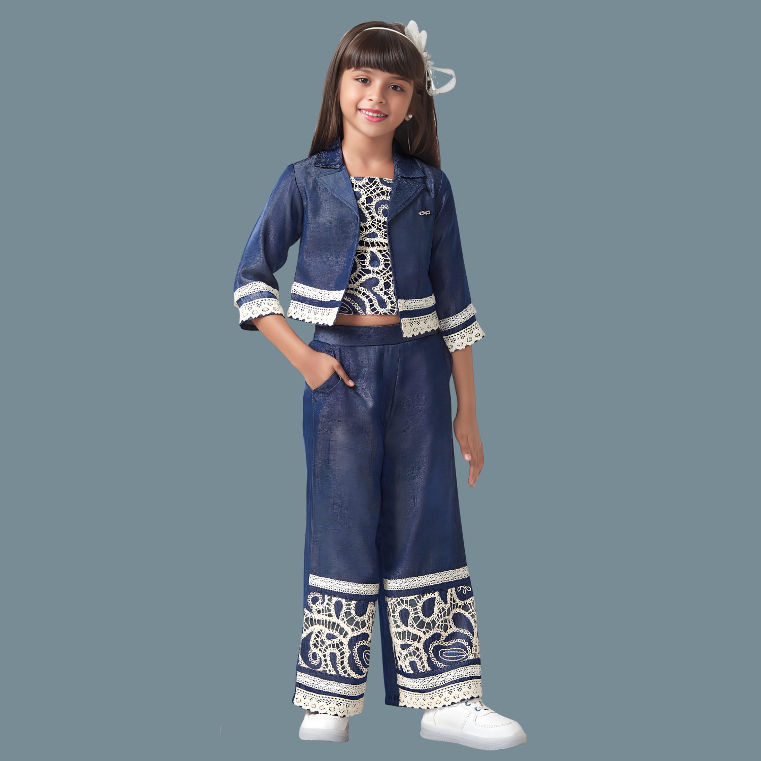 Girls Blue Embroidered Palazzo set with Jacket