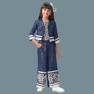 Girls Blue Embroidered Palazzo set with Jacket