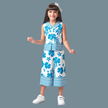 Girls Floral Printed Sleeveless Blue Co-Ord Set