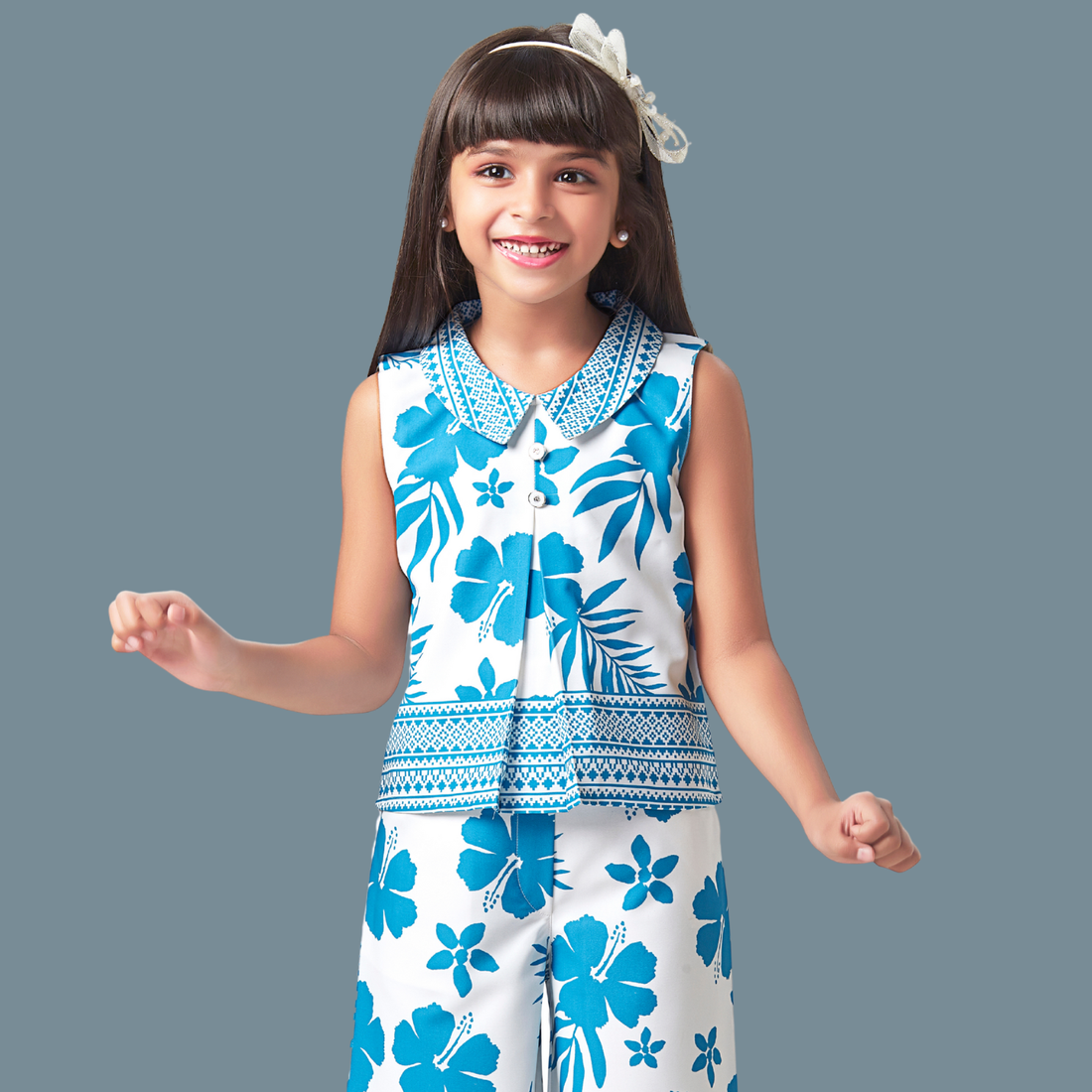 Girls Floral Printed Sleeveless Blue Co-Ord Set