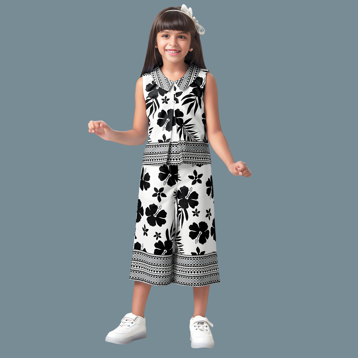 Girls Floral Printed Sleeveless Black Co-Ord Set