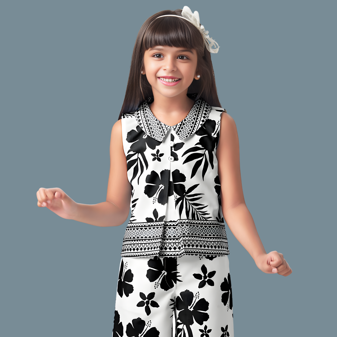 Girls Floral Printed Sleeveless Black Co-Ord Set