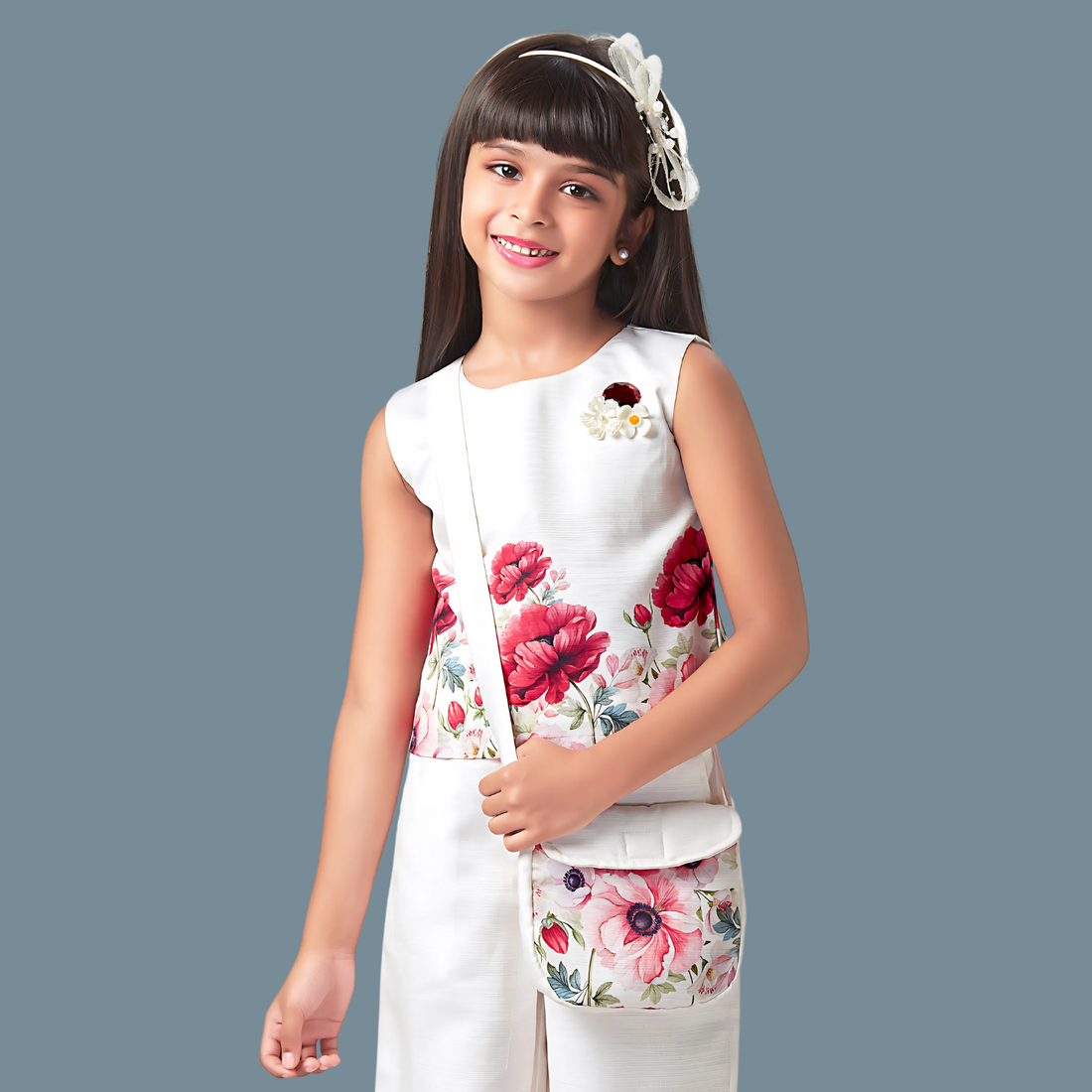 Girls Sleeves Less & Pink Palazzo Set & Matching Bag