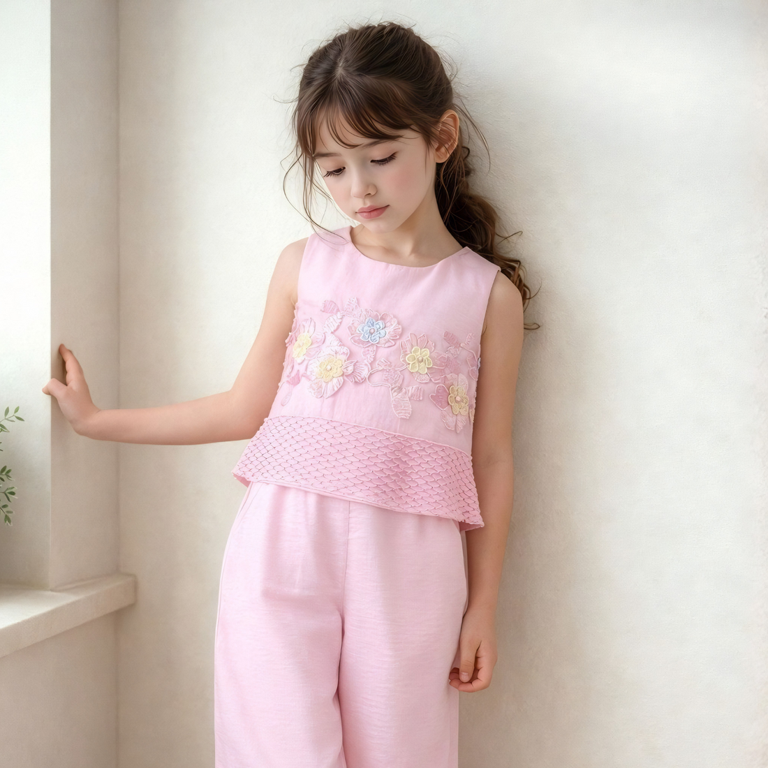 Girls pink floral applique palazzo set full length