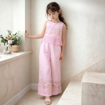 Girls pink floral applique palazzo set full length