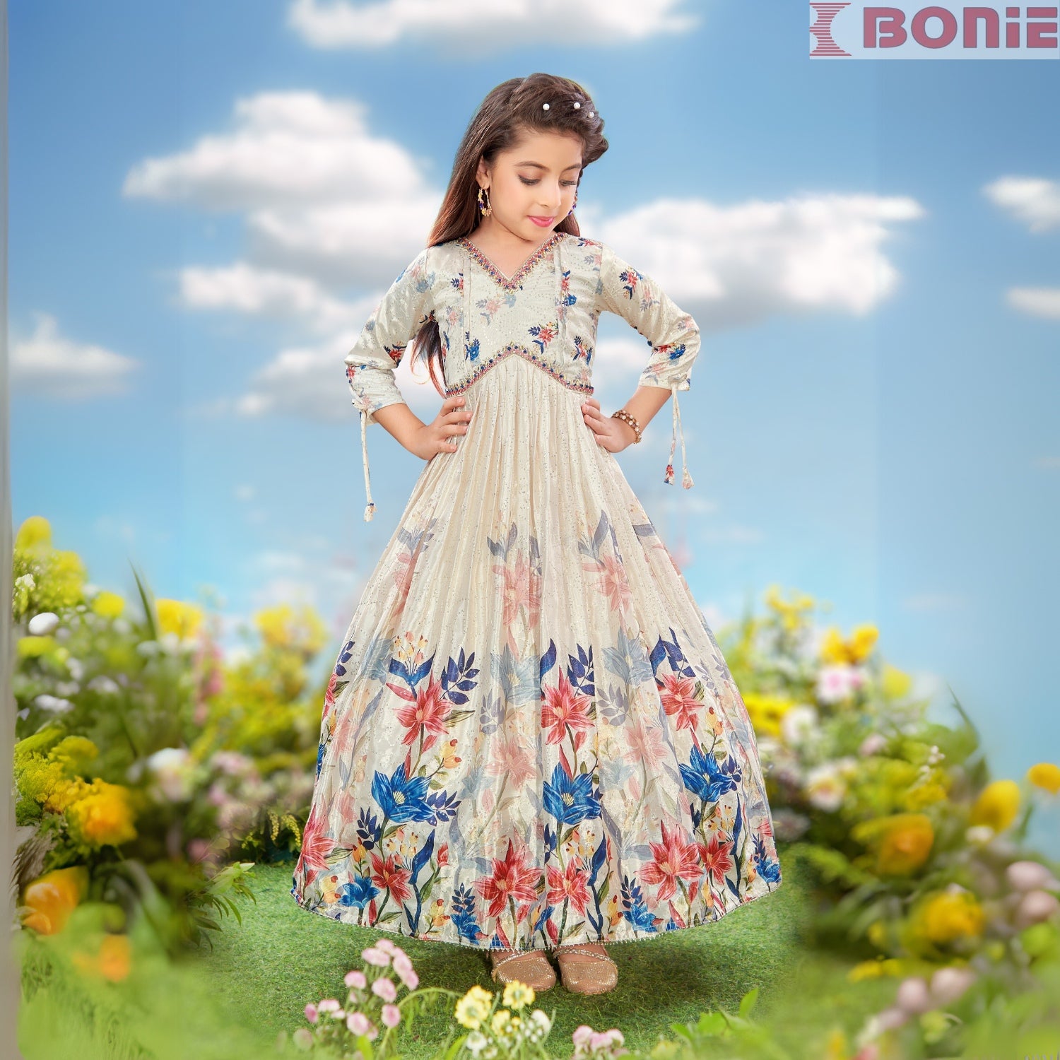 Cream organza floor length frock for girls