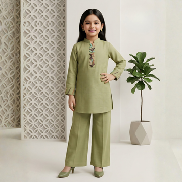 Olive Green Girls Kurta Co-ord Set