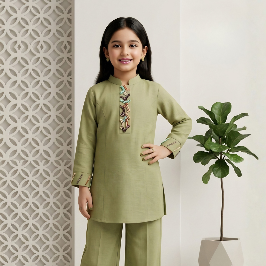 Olive Green Girls Kurta Co-ord Set