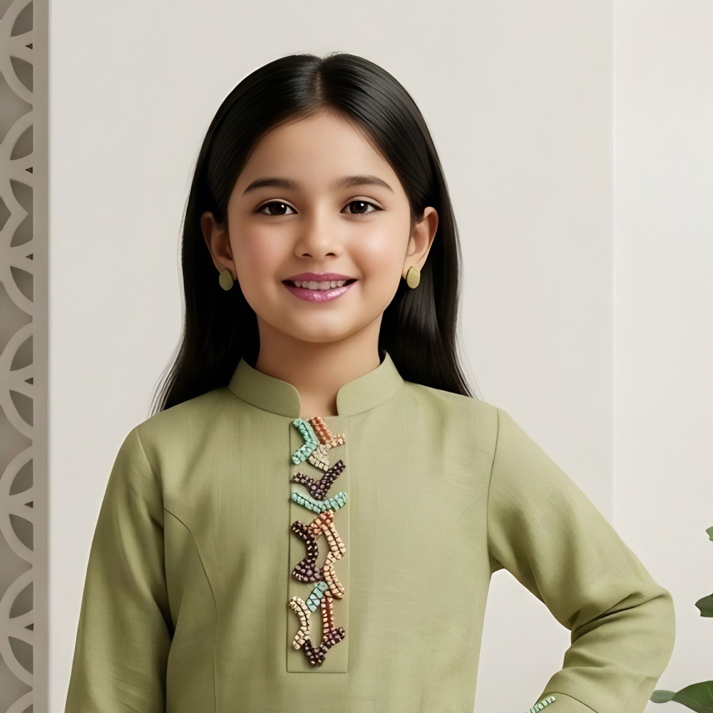 Olive Green Girls Kurta Co-ord Set