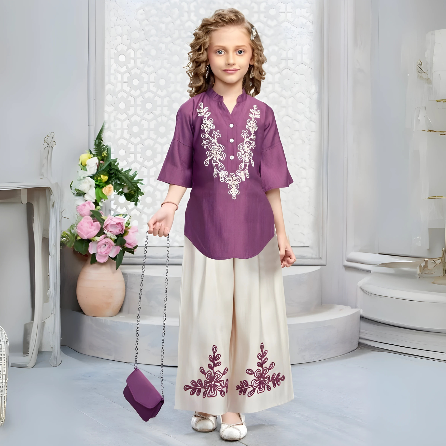 Floral Printed Palazzo Set With Hand Bag