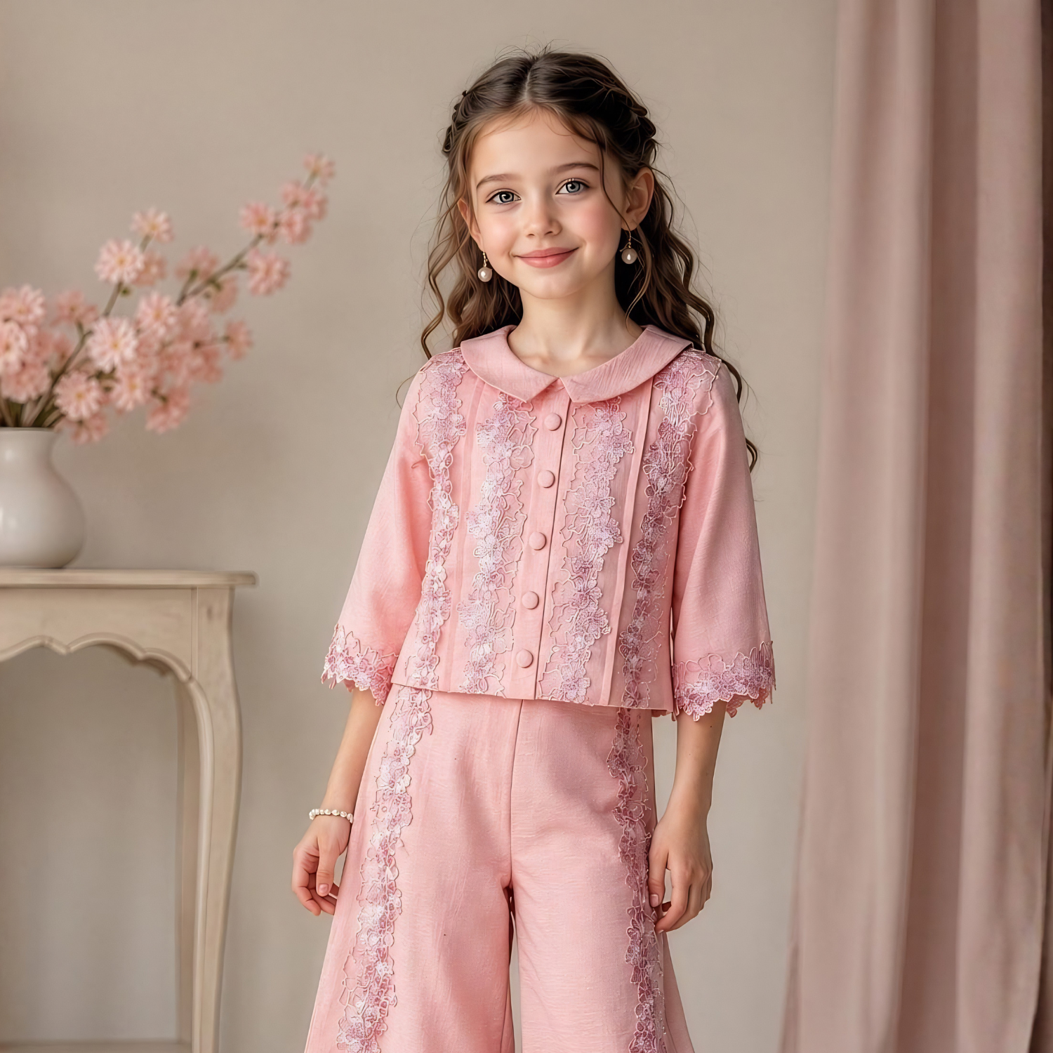 Girls peach embroidered collared top and palazzo set