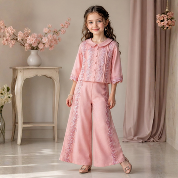 Girls peach embroidered palazzo set full view