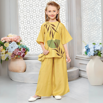 Yellow Floral Printed Palazzo Set With Matching Bag