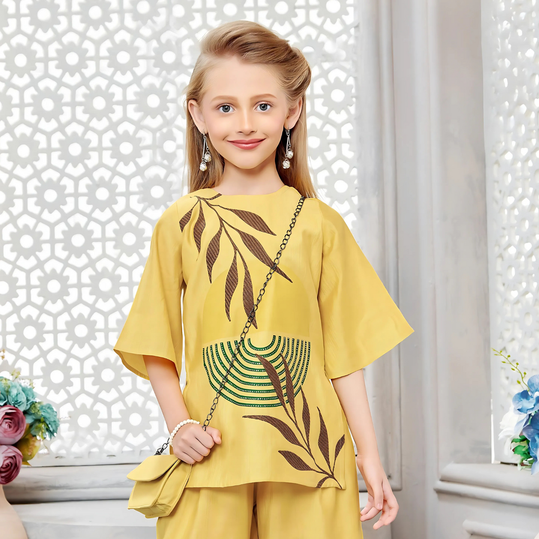 Yellow Floral Printed Palazzo Set With Matching Bag