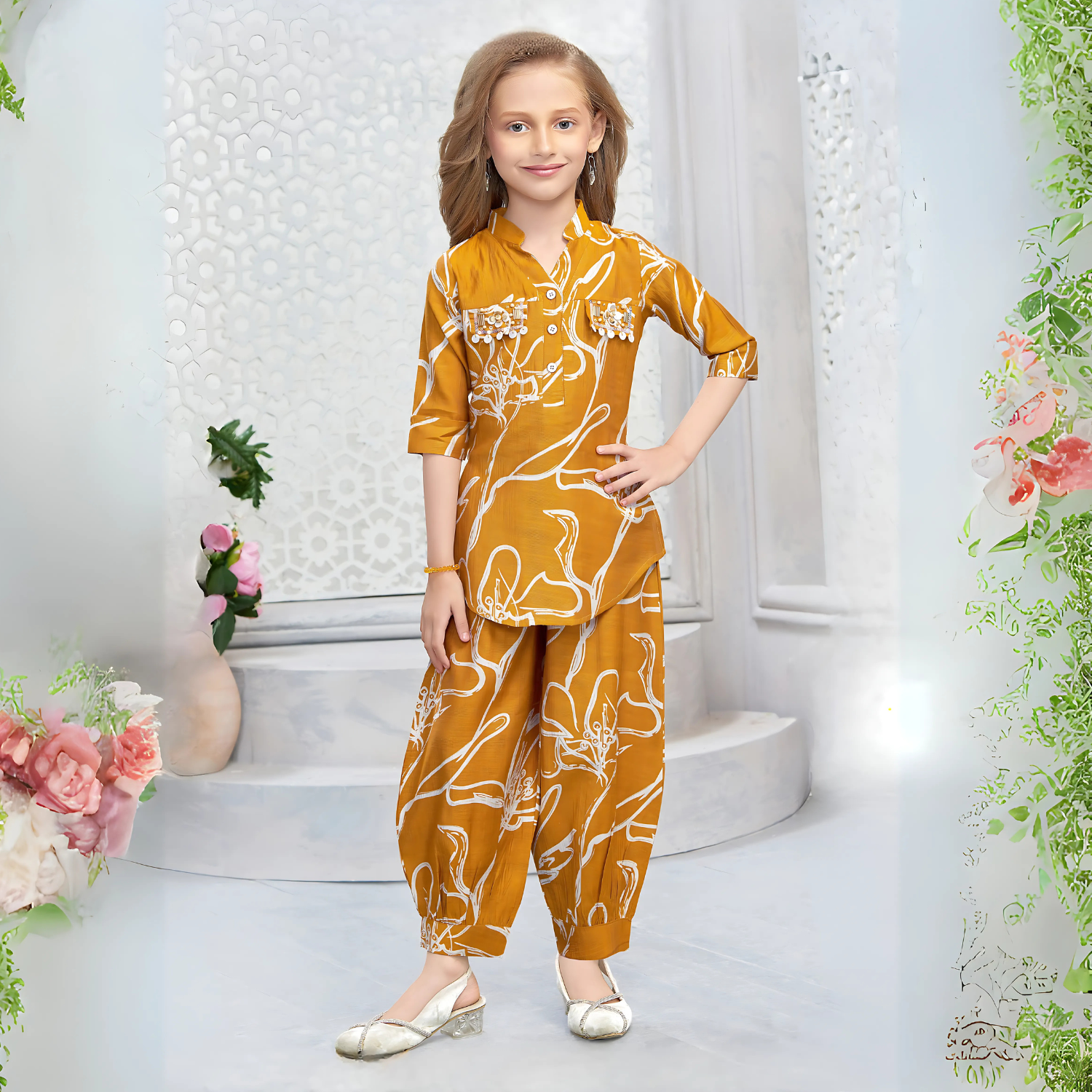 Girls Mustard Stylish Kurti Set  with 3/4 Sleeve